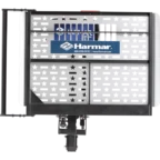 Harmar lift platform with star-patterned surface, branded logo, and contact information visible.