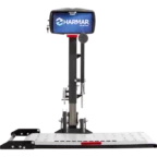 Platform lift with a silver base and a vertical black column featuring a screen displaying "Harmar.