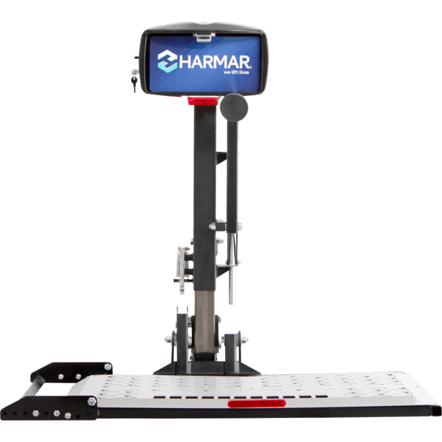 Platform lift with a silver base and a vertical black column featuring a screen displaying "Harmar.