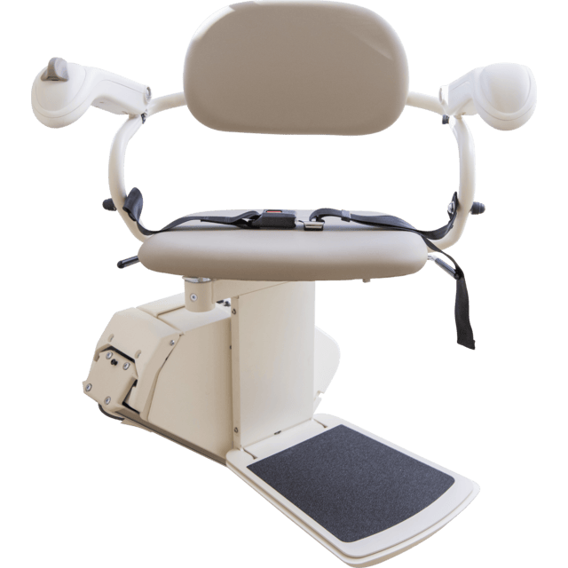 A beige stair lift chair with armrests, seatbelt, and footrest on a motorized base.