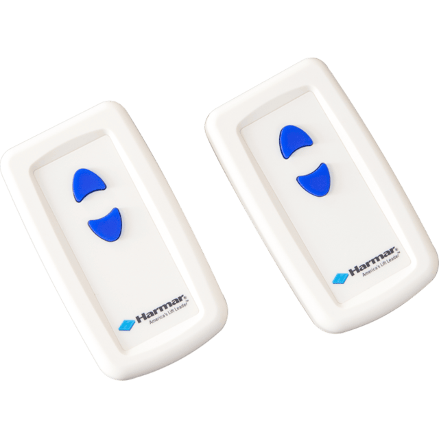Two white remote controls with blue buttons, marked with the "Harmar" logo at the bottom right corner.
