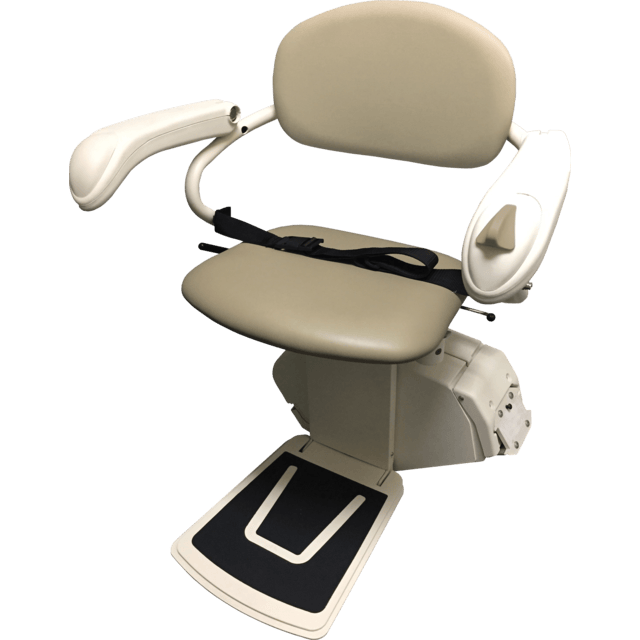 A beige stairlift chair with armrests, seatbelt, and footrest, designed for assisting individuals in moving up and down stairs.