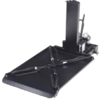 A black wheelchair lift platform with a folding ramp, straps, and a mechanical arm on a white background.