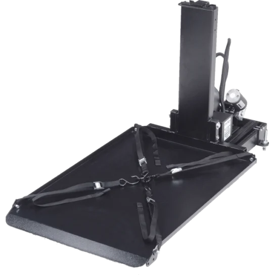 A black wheelchair lift platform with a folding ramp, straps, and a mechanical arm on a white background.