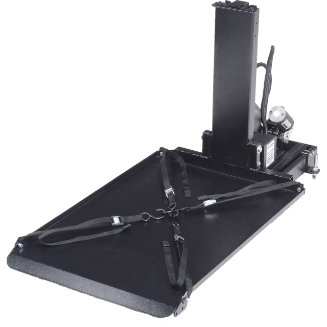 A black wheelchair lift platform with a folding ramp, straps, and a mechanical arm on a white background.