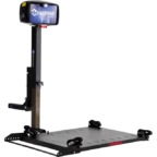 A Harmar car lift platform designed for wheelchairs and scooters, with a vertical post and a platform with straps for secure transport.