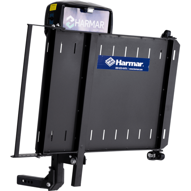 Vertical platform lift with Harmar branding, designed for accessibility.