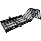 Black metal cargo carrier with a foldable ramp, designed for attachment to a vehicle hitch. The grid pattern allows for drainage and visibility.