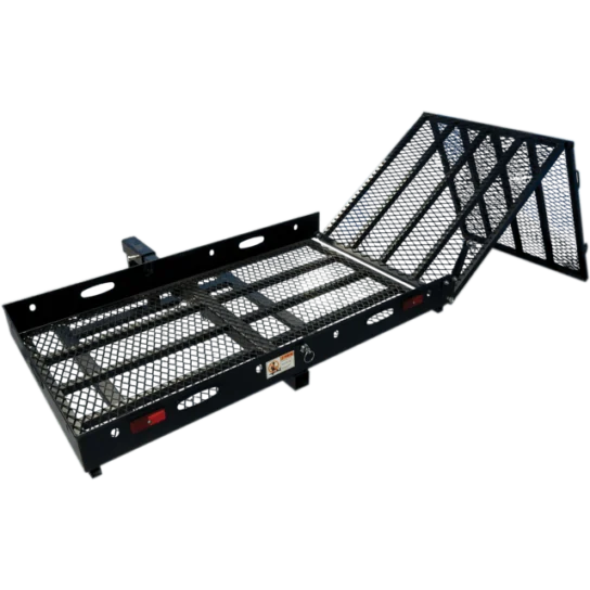 Black metal cargo carrier with a foldable ramp, designed for attachment to a vehicle hitch. The grid pattern allows for drainage and visibility.
