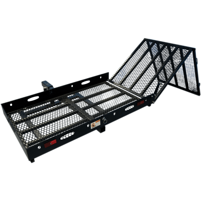 Black metal cargo carrier with a foldable ramp, designed for attachment to a vehicle hitch. The grid pattern allows for drainage and visibility.