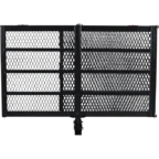 Black metal mesh gate with two panels and a central latch, standing upright.