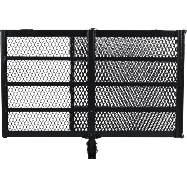 Black metal mesh gate with two panels and a central latch, standing upright.