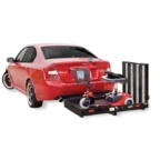 A red car with a mobility scooter attached to the rear on a metal carrier.