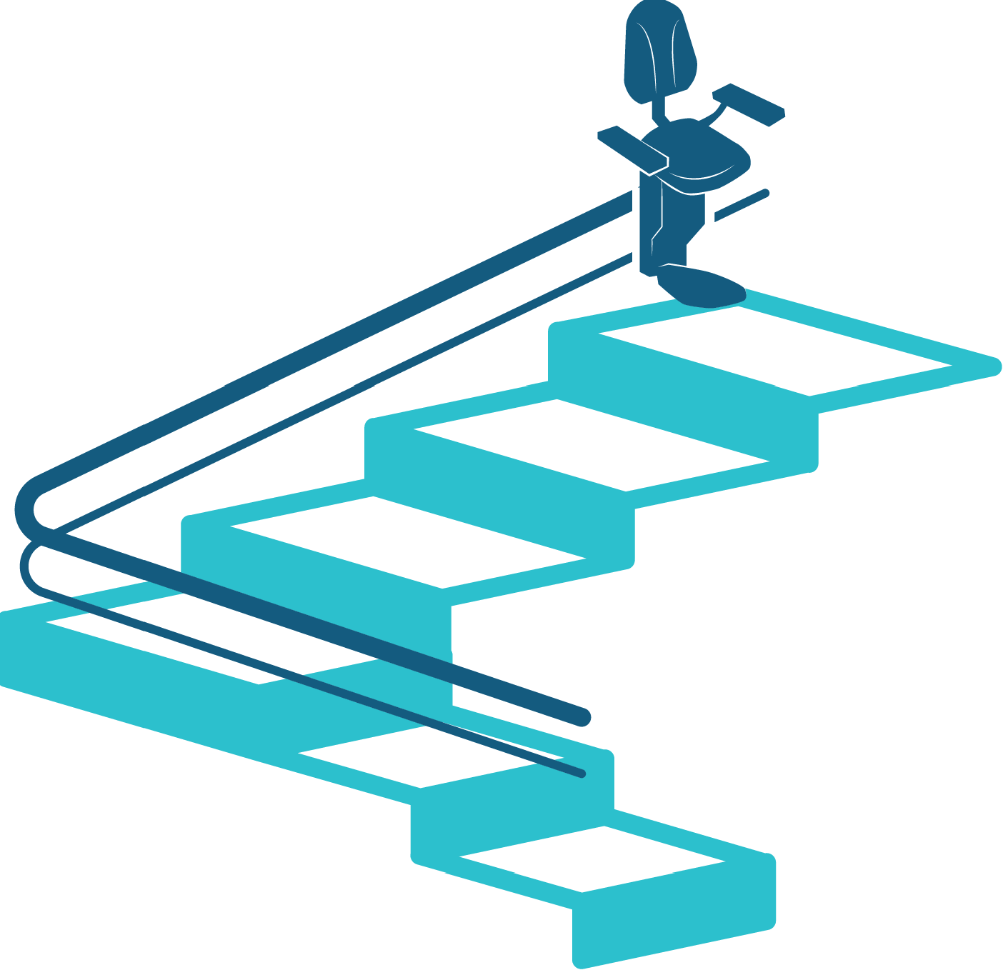 Illustration of a stairlift on a staircase with blue steps and a dark chair at the top.