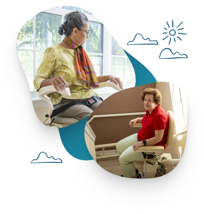 Two people seated on stairlifts inside a building. One wears a yellow top and scarf; the other wears a red shirt. They are in separate images with a blue and black gradient design behind them.