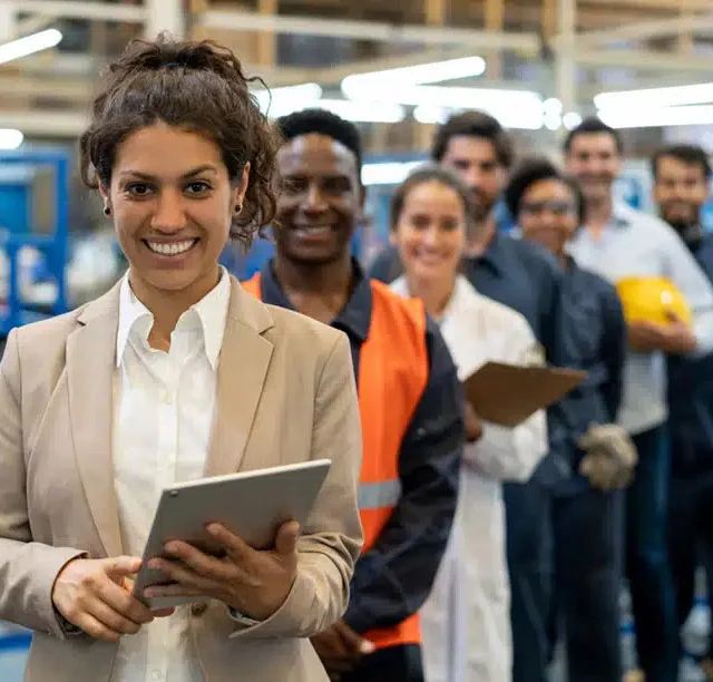 A woman in a beige blazer holds a tablet, standing in front of a diverse group of people lined up in a workplace setting.