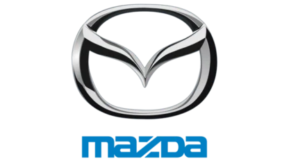 Mazda logo featuring a stylized silver "M" within an oval, with the word "Mazda" below in blue lettering.