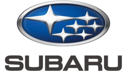 Subaru logo featuring a blue oval with six silver stars, above the brand name in bold black letters.