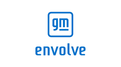 Blue GM Envolve logo with stylized "gm" inside a square above the word "envolve.