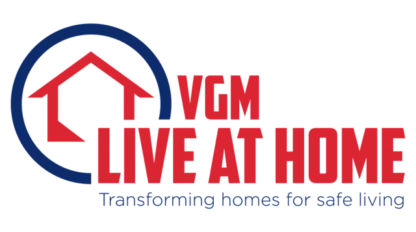 Logo of VGM Live at Home with a red house icon inside a blue circle, and the text "Transforming homes for safe living" beneath.