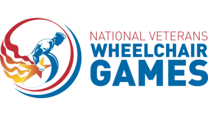 Logo for the National Veterans Wheelchair Games featuring a stylized person in a wheelchair with flames, next to the event name.