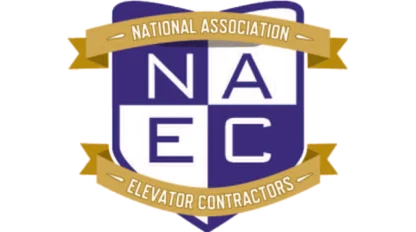 Logo of the National Association of Elevator Contractors, featuring a blue and white shield with "NAEC" initials and a gold ribbon.