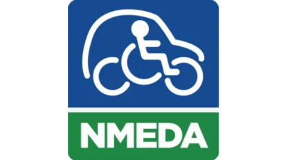 Blue and green logo with stylized image of a person in a wheelchair inside a vehicle outline, labeled "NMEDA.