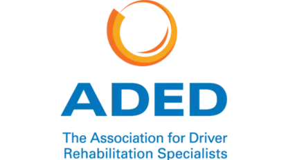 Logo of ADED, featuring an orange circular design above the blue letters "ADED" and the text "The Association for Driver Rehabilitation Specialists" below.