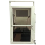 A white metal door with a large transparent window in the center, set in a frame with hinges and a handle on the right side.