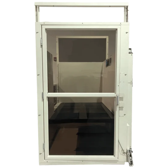 A white metal door with a large transparent window in the center, set in a frame with hinges and a handle on the right side.