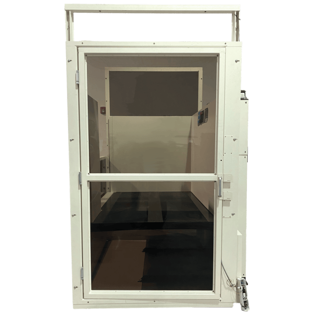 A white metal door with a large transparent window in the center, set in a frame with hinges and a handle on the right side.