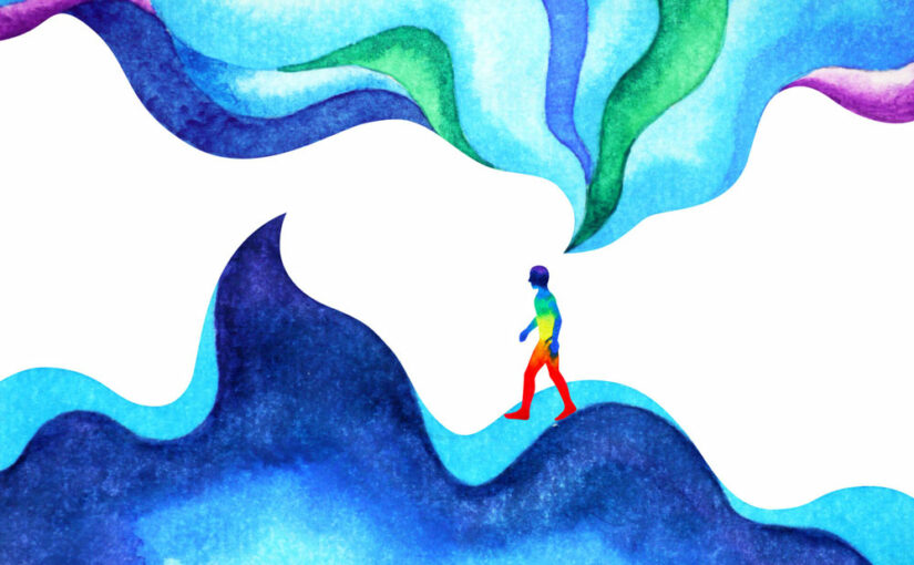 illustration of person walking under clouds