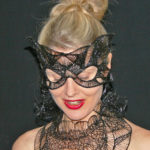 Black cat mask & red lipstick 3D pen art depicting a woman wearing masks.