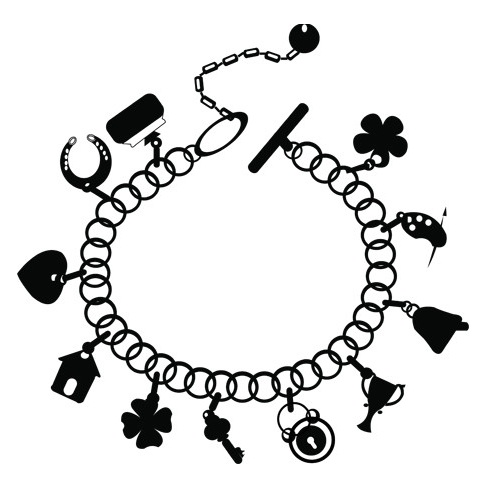 Close-up of a black and white 3D pen art bracelet with charms.