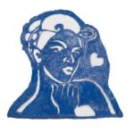 Blue & white 3D pen art: close-up of a woman drawing using a spray painting stencil.