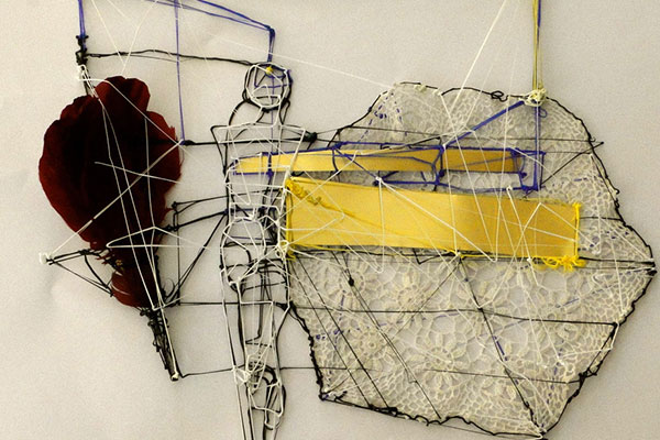 Sara's wire sculpture: Man holding kite 3D pen art.