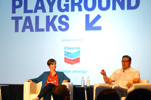 Two 3D pen artworks on stage conversing