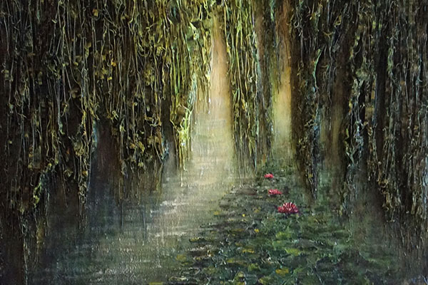 Barbara's 3D pen art: Path through forest with red flower