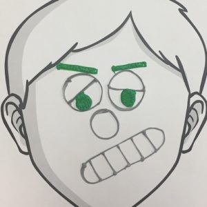 Green-eyed and green-nosed cartoon face in 3D.