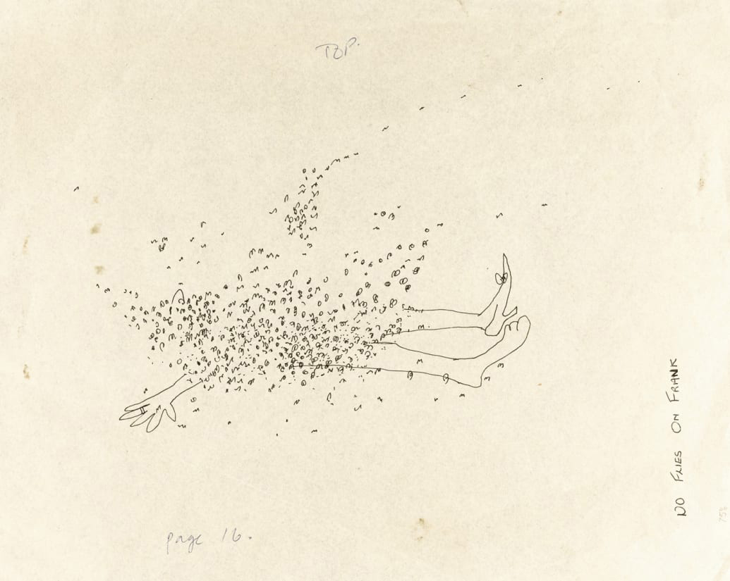 3D drawing: person with insect upper body and birds around