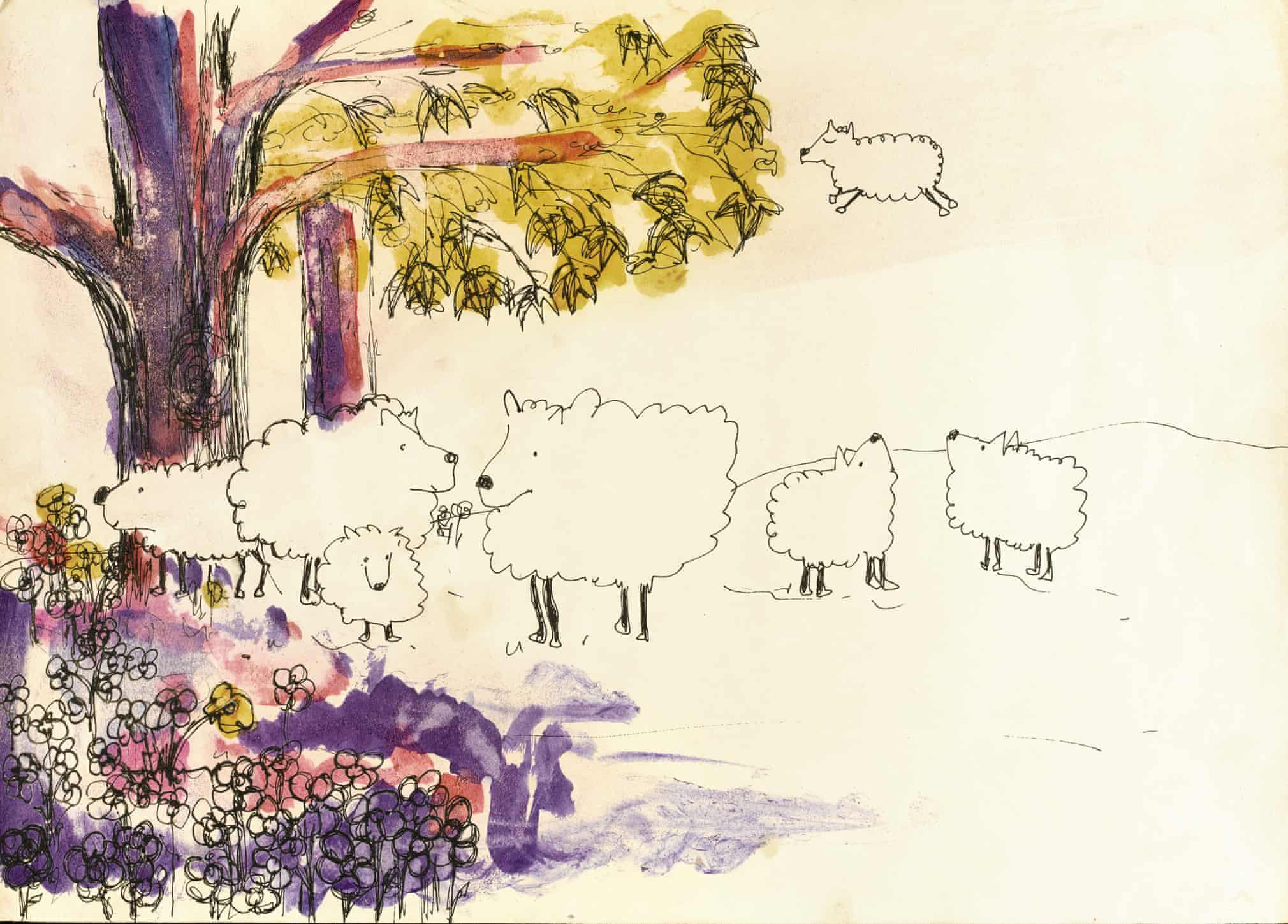 John Lennon drawing with sheep, tree and shrubs in field; 3D pen art.