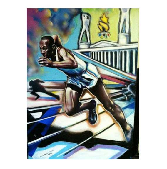 Lg doodle: man running on track, stadium in background. 3D pen art.