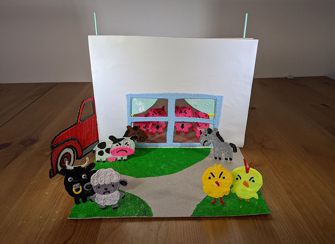 Farm and animal 3D pen art on card.