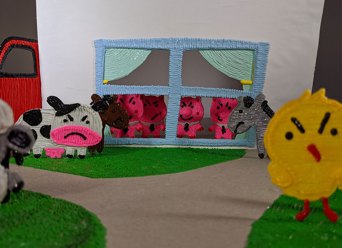 3D pen art featuring farm animals on grass