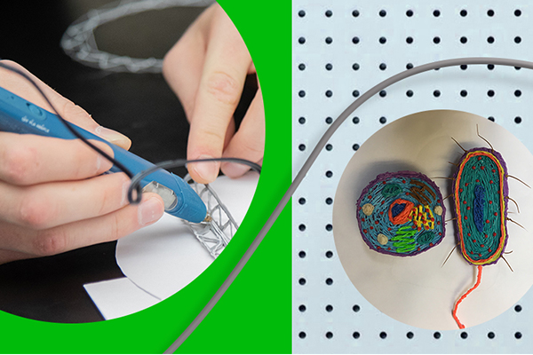 Person creating 3D pen art with yarn