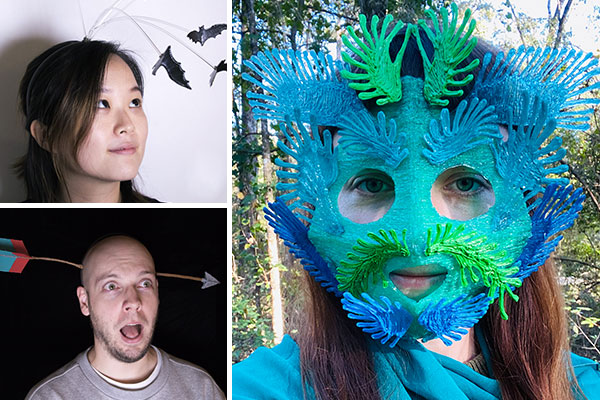 Halloween 3D pen artwork: green-faced woman & blue-faced man in swamp-themed collage.