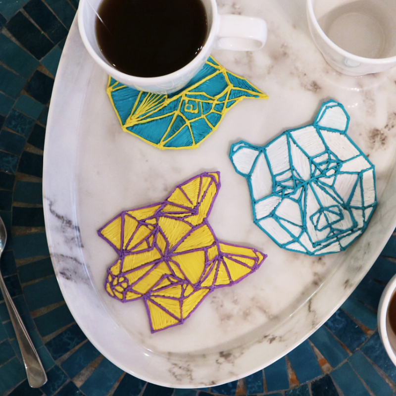 3D pen art: 3 paper coasters on plate