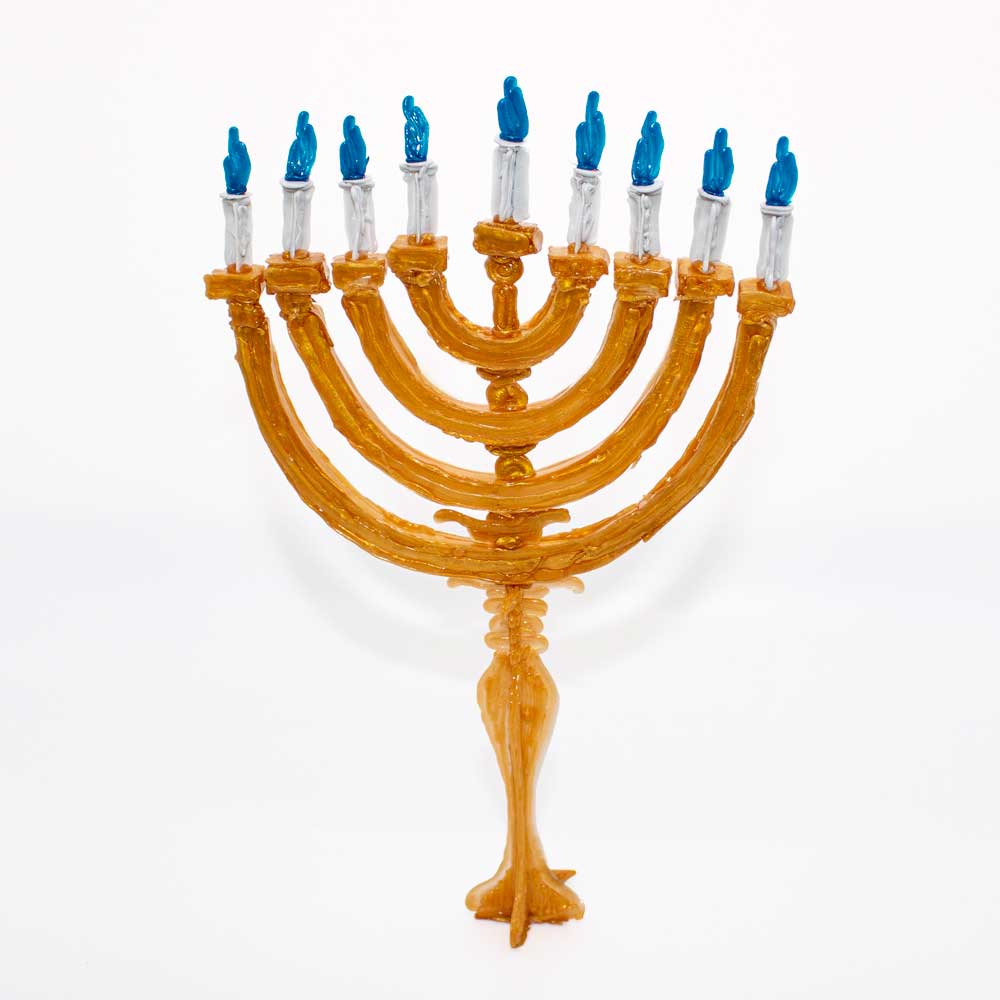 Wooden menorah with blue 3d pen candles