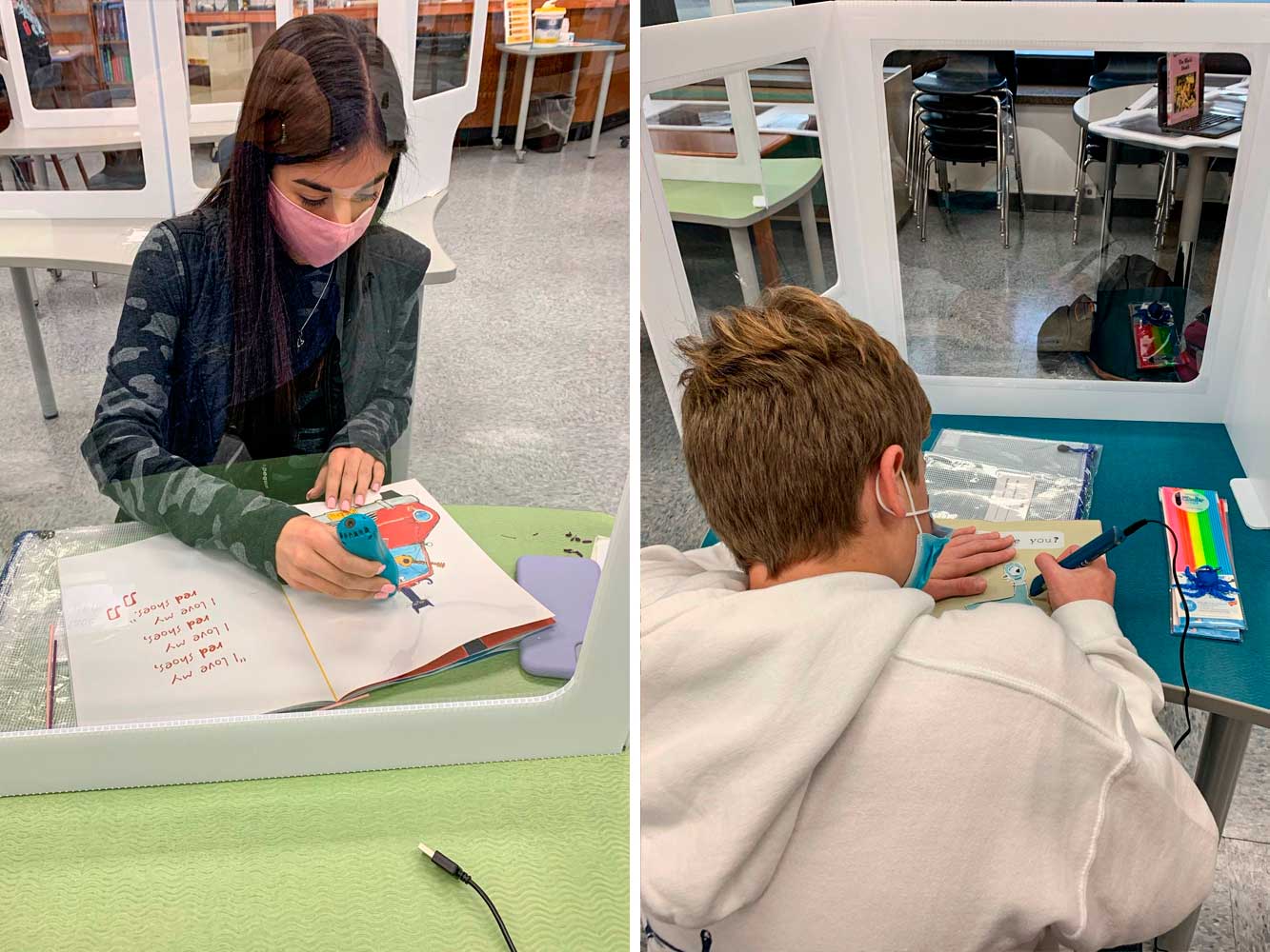 Creative 3D pen art featuring a girl and boy at a table.