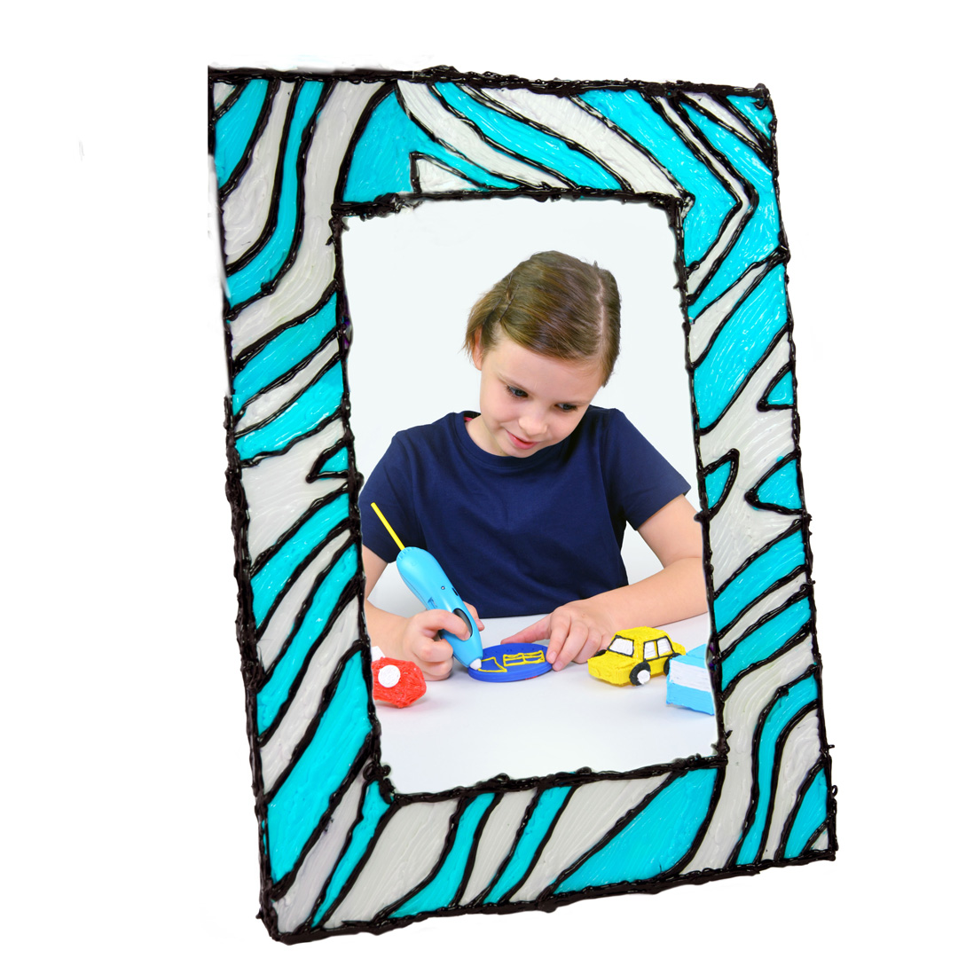 Young girl's 3D pen artwork displayed in photoframe.